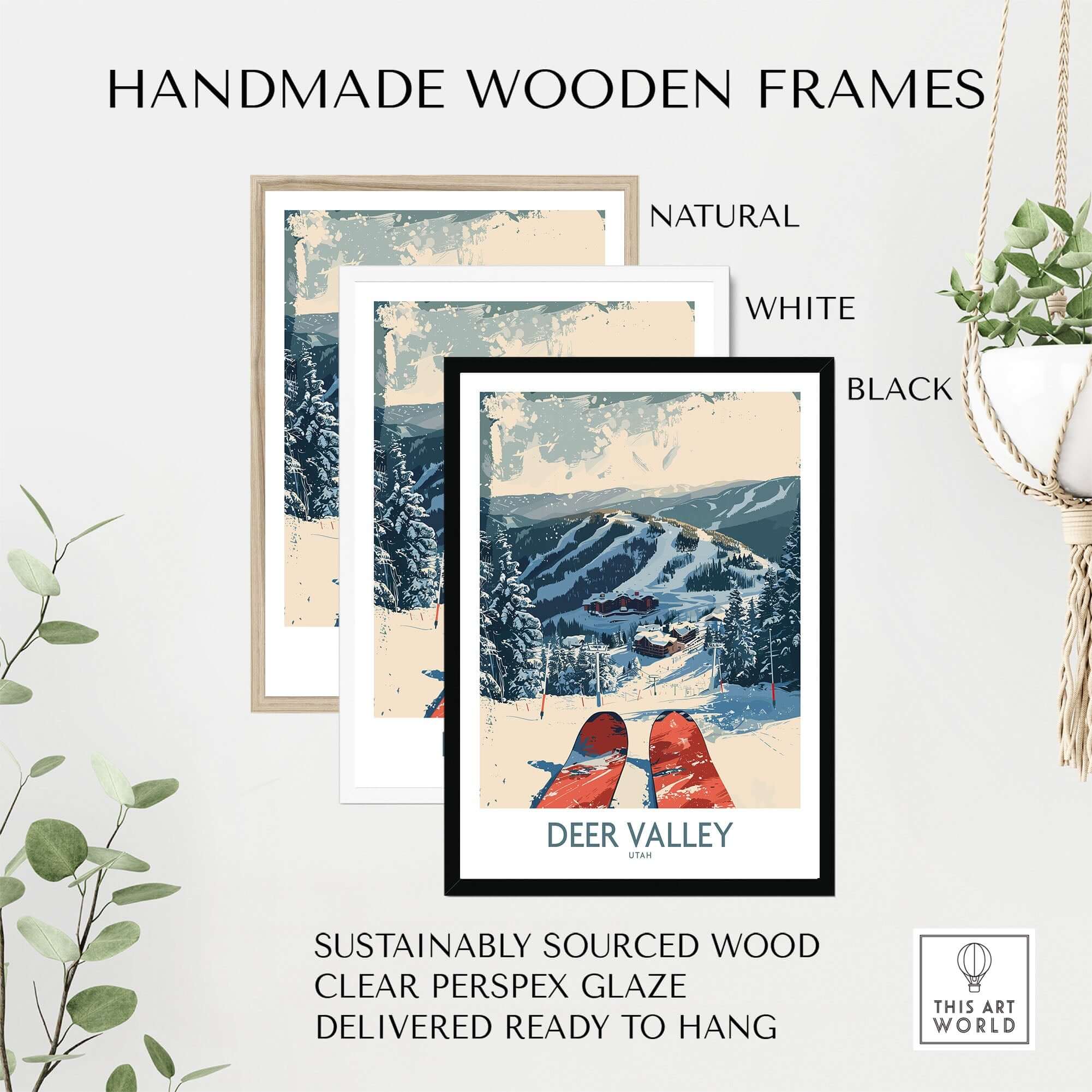 Deer Valley Wall Art displayed in handmade wooden frames, showcasing snowy mountain landscapes and vibrant ski colors.