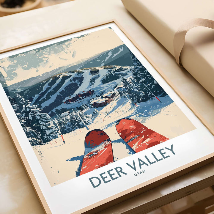 Deer Valley ski poster featuring vintage-inspired wall art of snowy slopes and skiers, perfect for home decor.