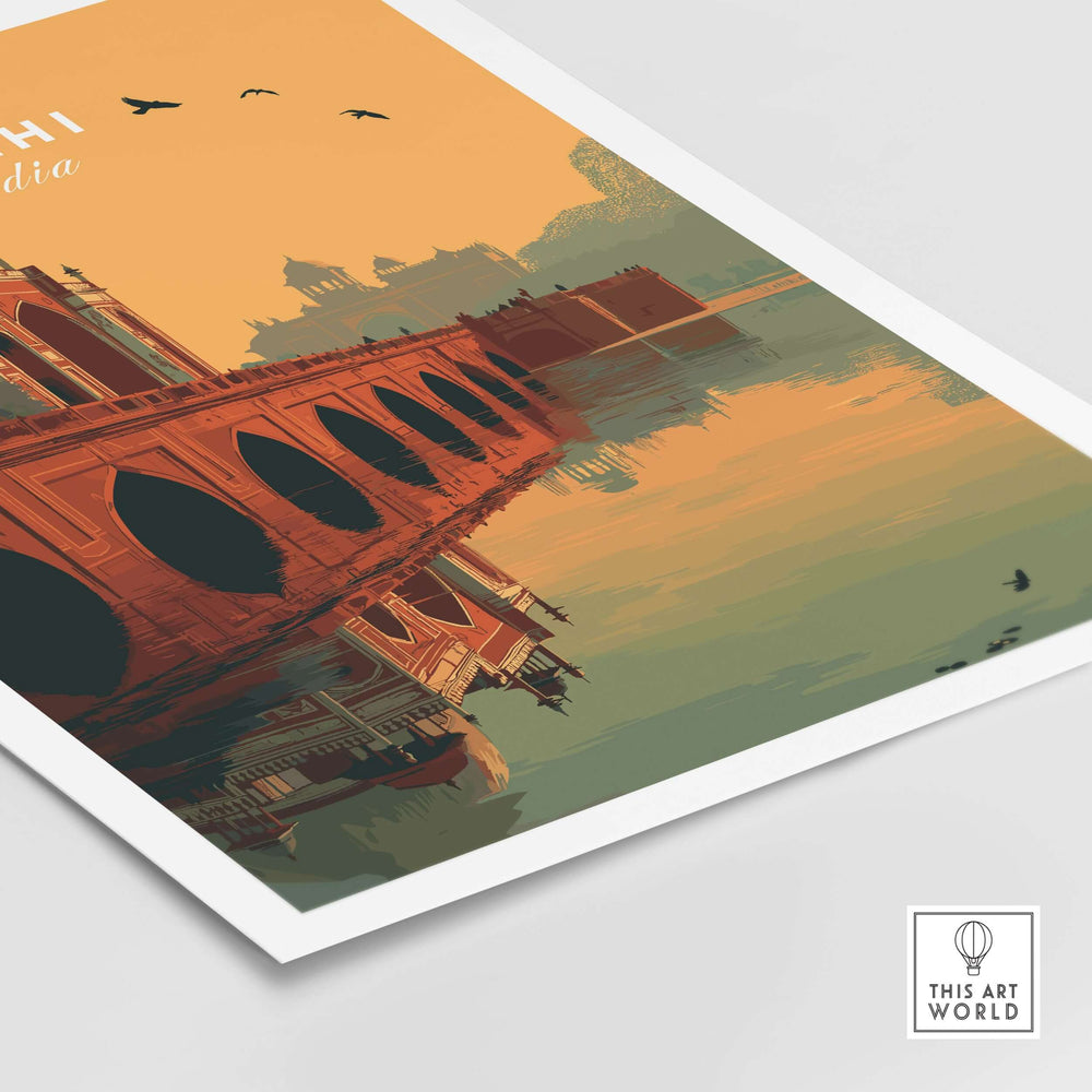 Delhi travel print of Humayun's Tomb at sunset with bridge reflection and warm orange sky.