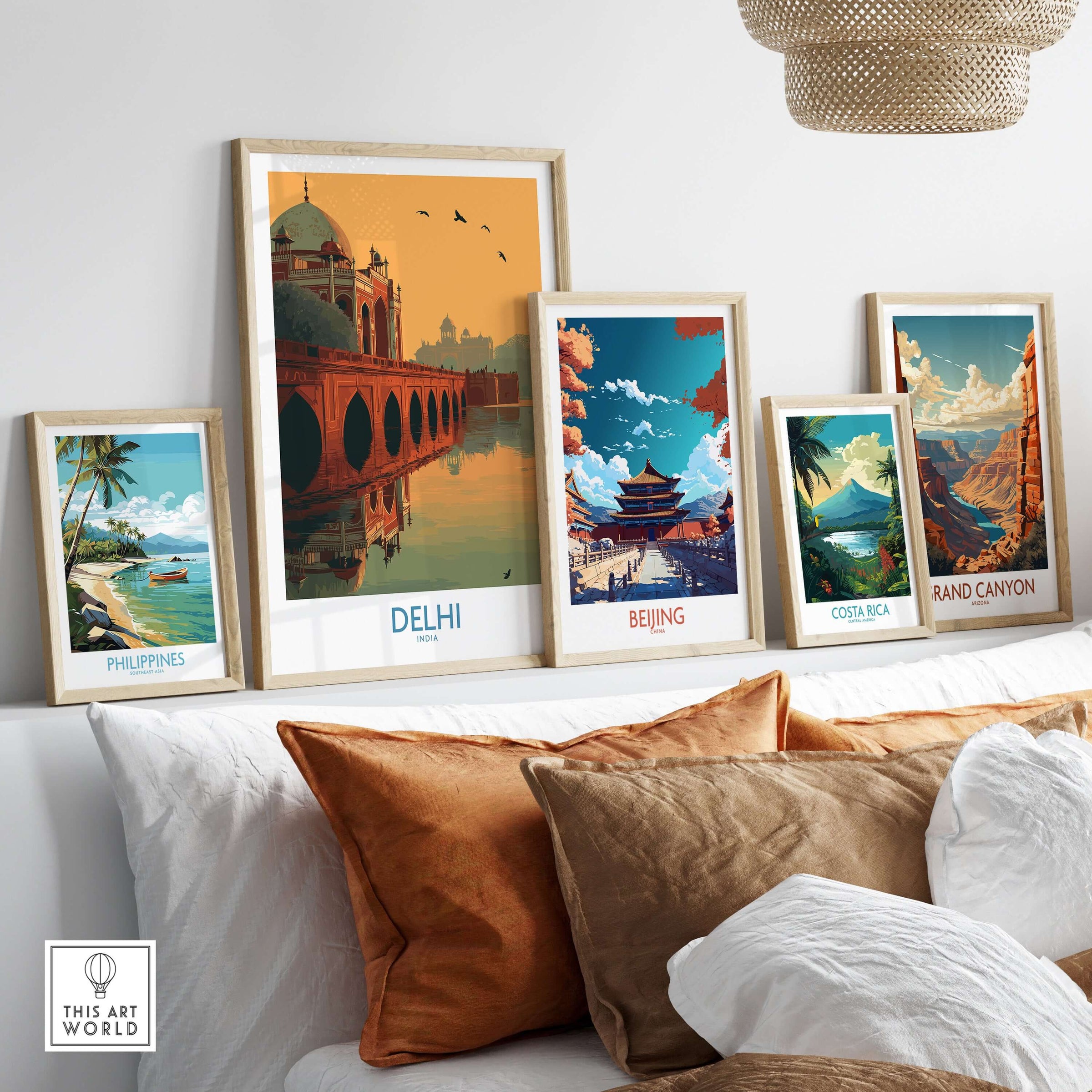 India Sunset Travel Poster Delhi Humayuns Tomb Bridge View Print Mughal Wall Art displayed among other travel posters.