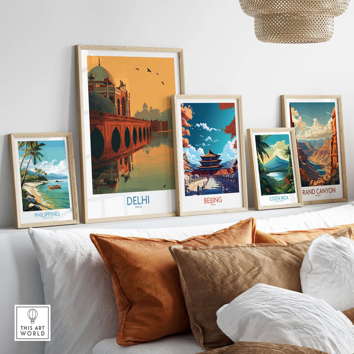 Decorative travel posters featuring Delhi, Beijing, Costa Rica, Philippines, and Grand Canyon on a stylish wall.