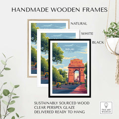 Delhi India Gate Travel Poster India Landmark Print Cityscape Wall Art Decor Rajpath in handmade wooden frames