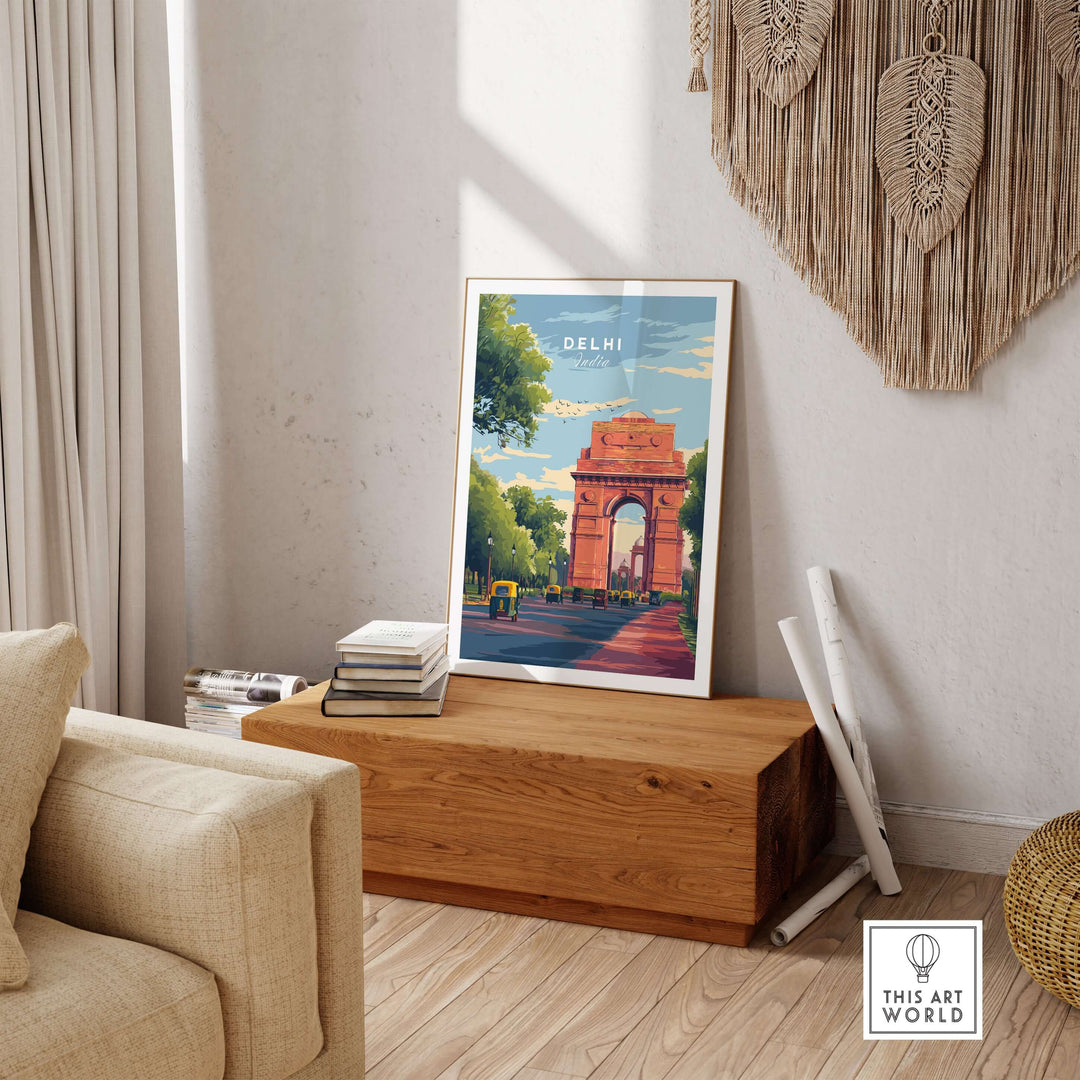 Delhi India Gate travel poster in a cozy interior setting, showcasing iconic architecture and vibrant colors.