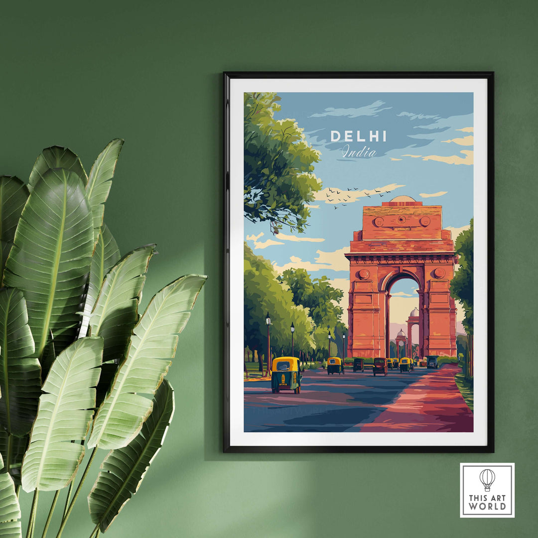Vibrant Delhi India Gate travel poster showcasing iconic architecture and street life under a blue sky.