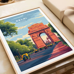 Delhi India Gate Travel Poster India Landmark Print Cityscape Wall Art Decor Rajpath featuring vibrant illustration.