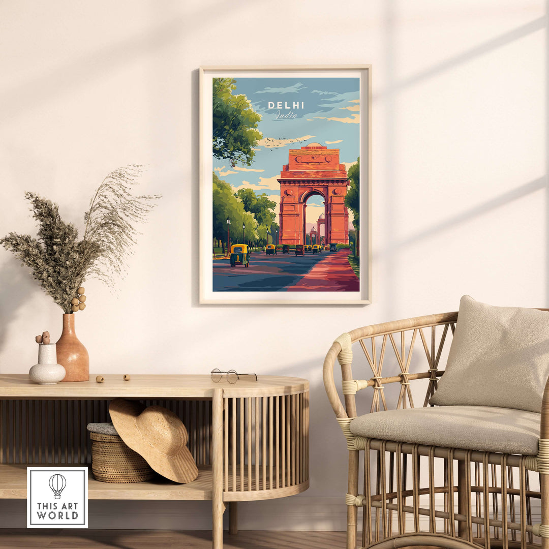 Vibrant Delhi India Gate travel poster wall art featuring iconic archway and cityscape decor.