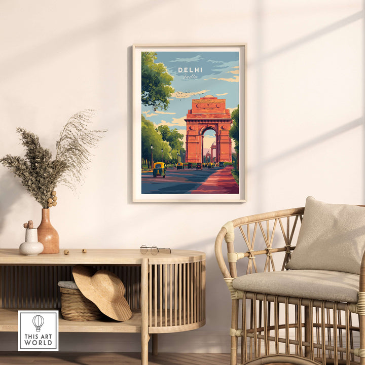 Vibrant Delhi India Gate travel poster wall art featuring iconic archway and cityscape decor.