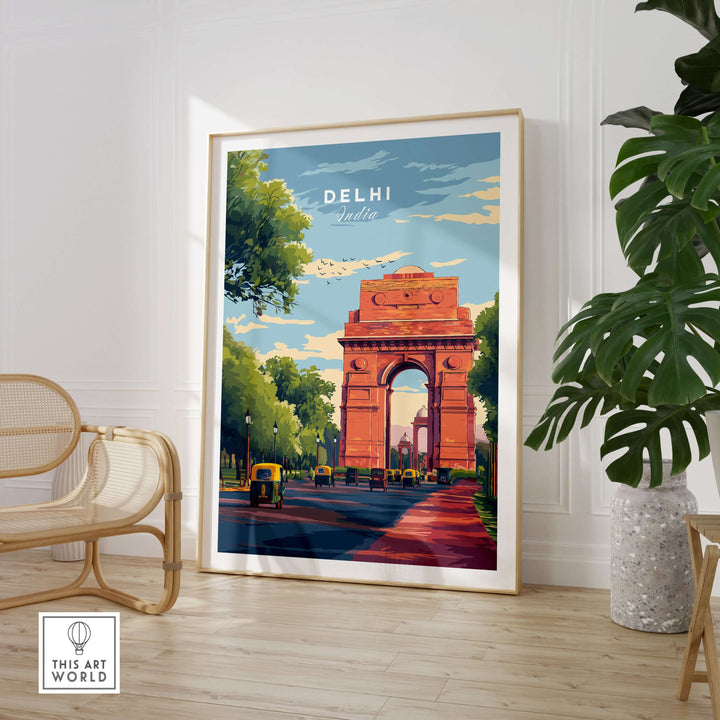 Delhi India Gate travel poster wall art featuring vibrant cityscape and iconic architecture.
