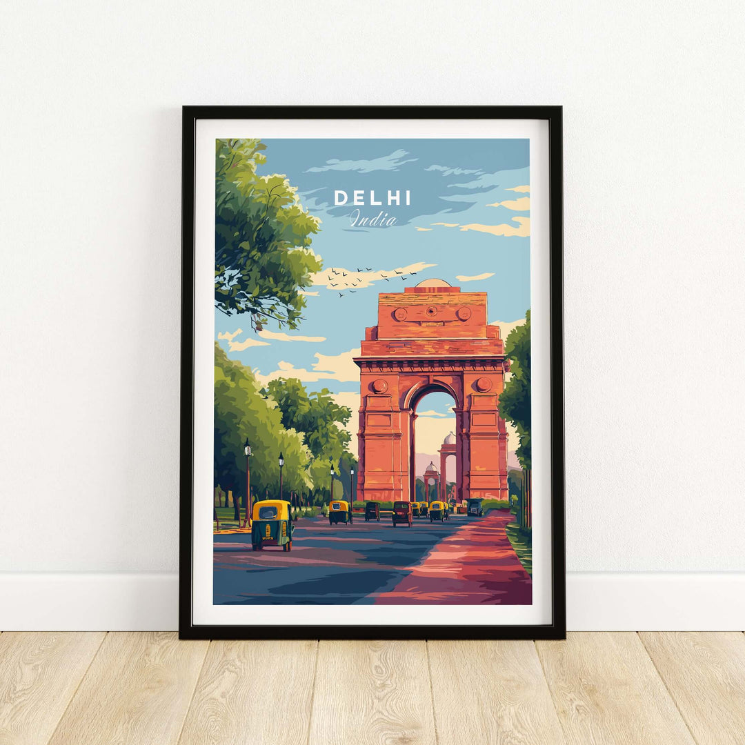 Vibrant Delhi India Gate travel poster showcasing iconic arch with auto-rickshaws under a blue sky.