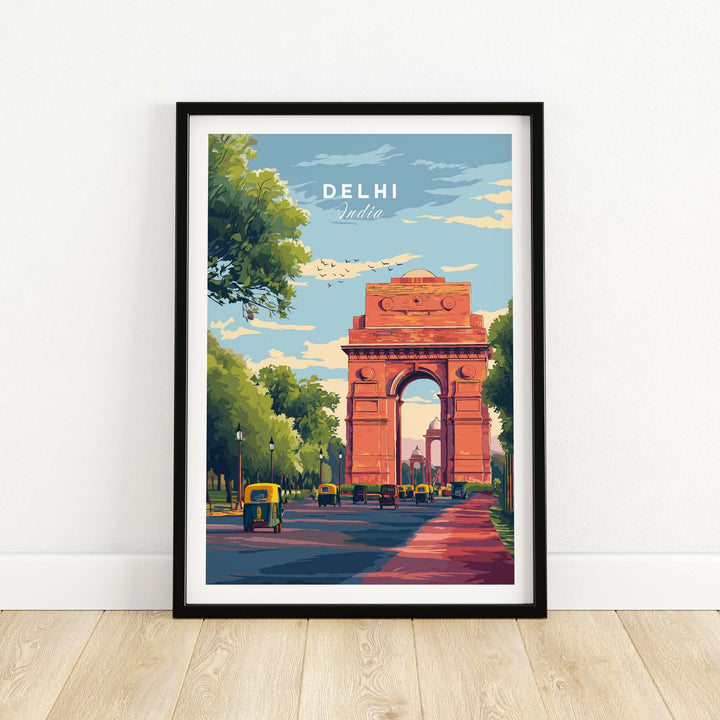 Vibrant Delhi India Gate travel poster showcasing iconic arch with auto-rickshaws under a blue sky.