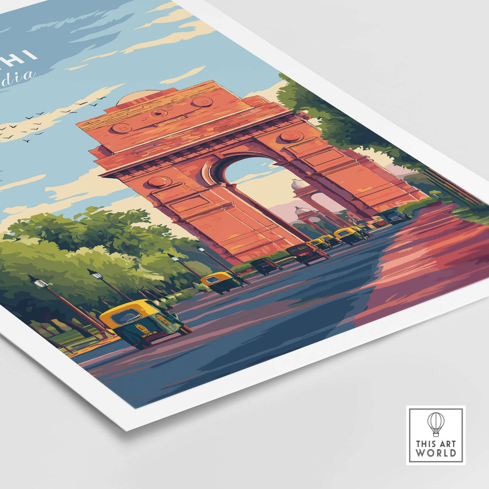 Delhi India Gate travel poster art print showcasing the iconic archway and Rajpath under a bright sky.