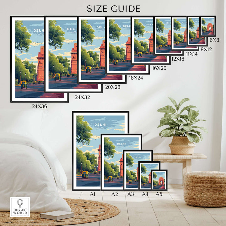 Size guide for Delhi India Gate travel poster with framed dimensions showcased in a stylish room setting.