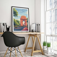 Delhi India Gate Travel Poster India Landmark Print Cityscape Wall Art Decor Rajpath displayed in a modern workspace