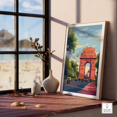 Delhi India Gate Travel Poster India Landmark Print Cityscape Wall Art Decor Rajpath in a stylish frame by a window