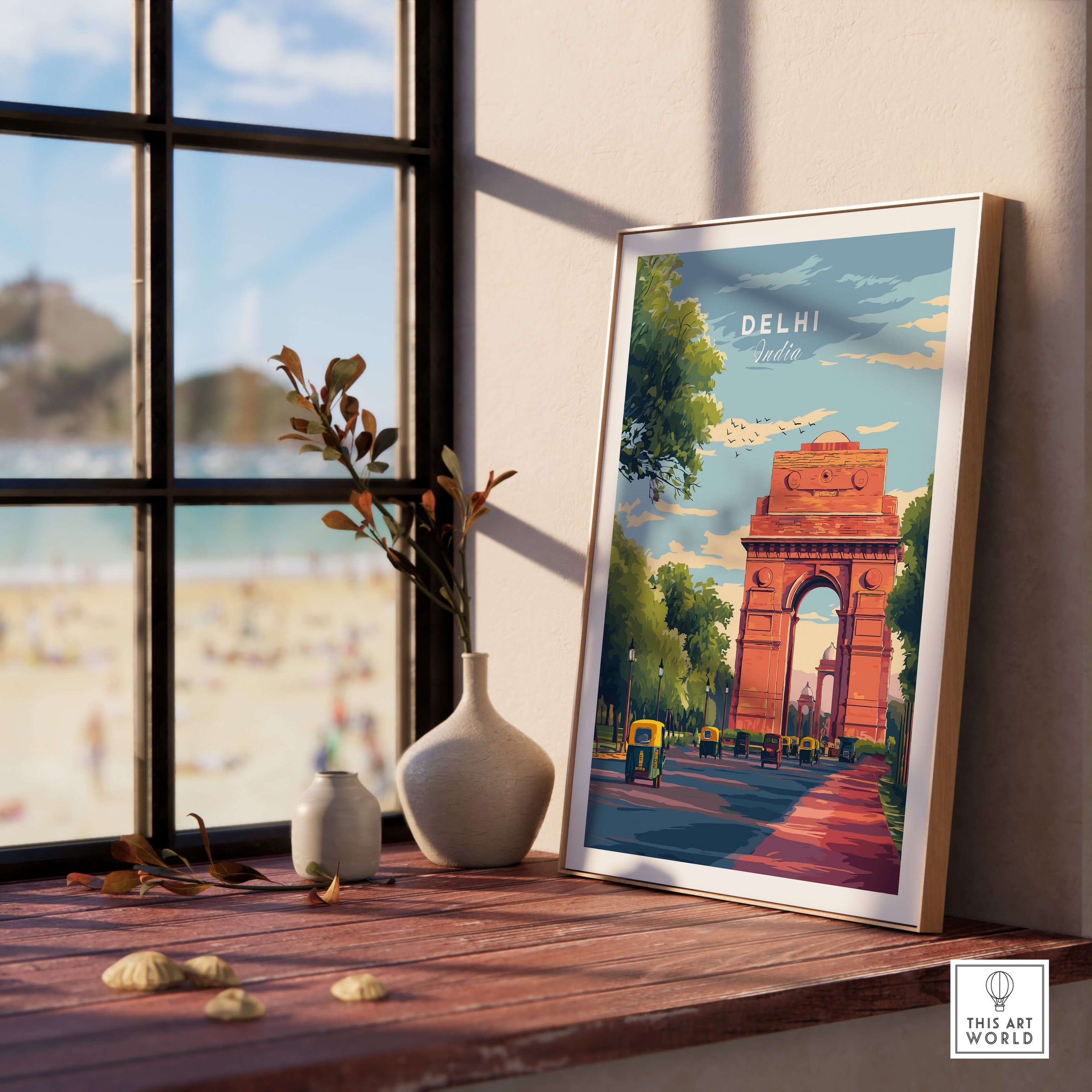 Delhi India Gate Travel Poster India Landmark Print Cityscape Wall Art Decor Rajpath in a stylish frame by a window