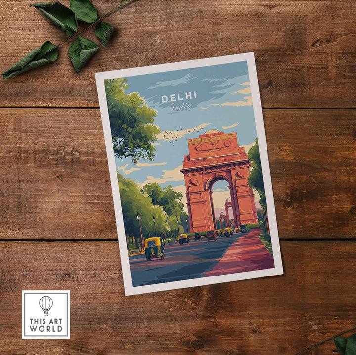 Delhi India Gate travel poster showcasing vibrant cityscape with auto-rickshaws under a blue sky.