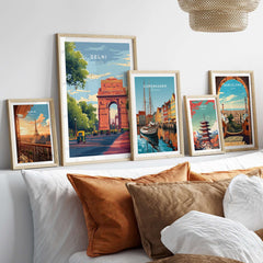 Delhi India Gate Travel Poster India Landmark Print Cityscape Wall Art Decor Rajpath displayed in a modern home decor setting.