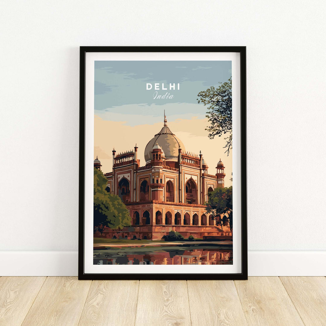 Delhi India travel poster featuring Humayun's Tomb, showcasing Mughal architecture with a serene reflection.