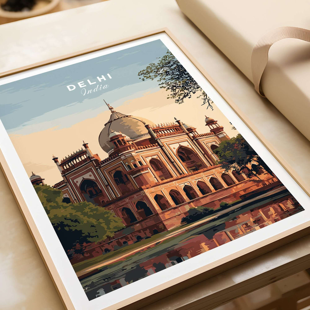 Delhi travel poster featuring Humayun's Tomb, showcasing Mughal architecture and lush greenery.