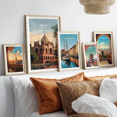 Delhi India Travel Poster Humayuns Tomb Print Mughal Architecture Wall Art Decor - Framed prints on a cozy sofa.