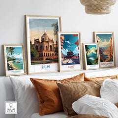 Delhi India Travel Print Mughal Landmark Poster Humayuns Tomb Wall Art Reflection displayed on a gallery wall.