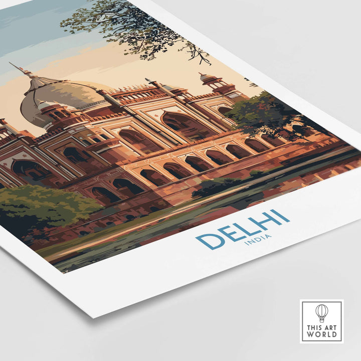 Humayun's Tomb travel print showcasing Mughal architecture in Delhi, India with serene reflection in the water.