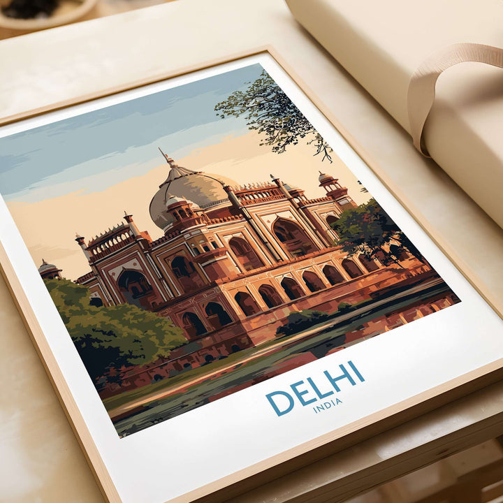 Humayun's Tomb travel print poster reflecting Mughal architecture in Delhi, India, framed elegantly.