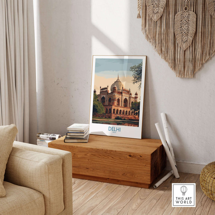 Humayun's Tomb wall art print in a cozy living room setting, showcasing Mughal architecture from Delhi, India.