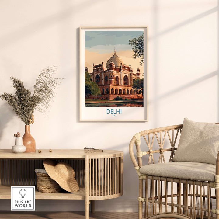 Delhi Mughal landmark wall art print featuring a detailed illustration of Humayun's Tomb.