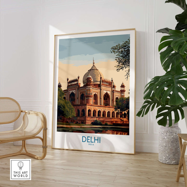 Humayun's Tomb print in a modern living room showcasing Delhi's Mughal architecture and serene reflection.