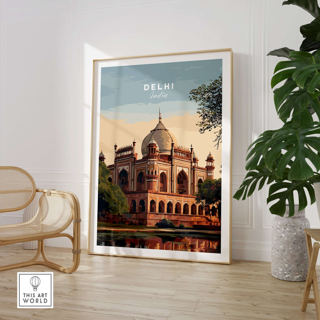 Delhi travel poster featuring Humayun's Tomb, showcasing Mughal architecture in a stylish interior decor setting.