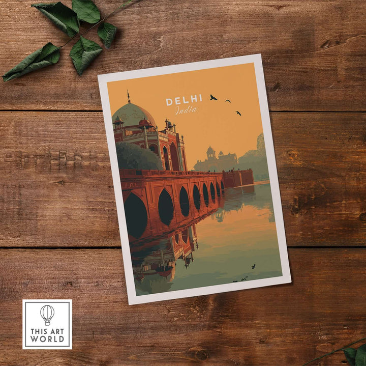 Delhi travel print of Humayun's Tomb at sunset with bridge reflection in warm orange sky, beautiful wall art.