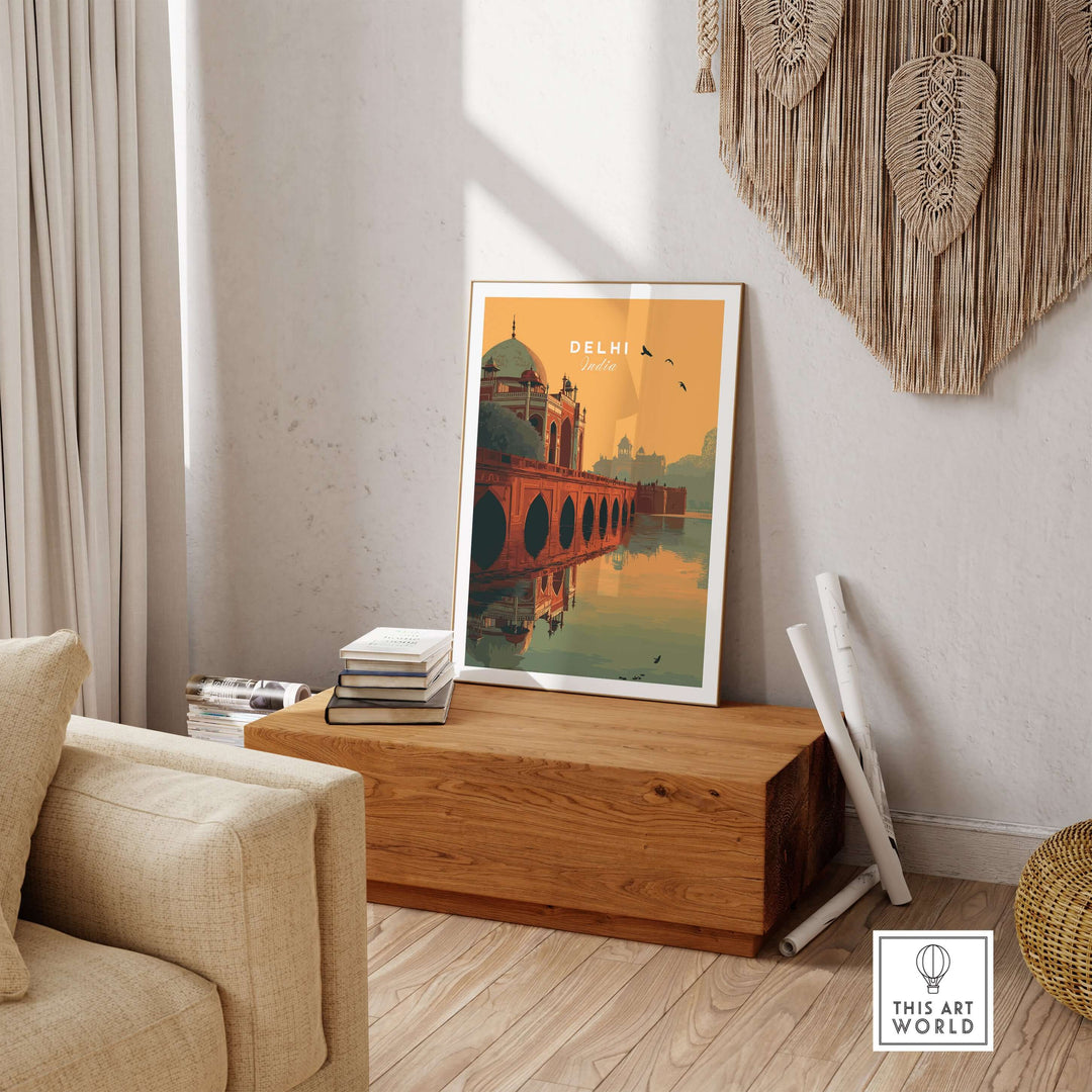 Humayun's Tomb sunset travel print in stylish interior with bridge reflection and warm colors.