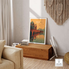 Delhi India Travel Print Humayuns Tomb Sunset Poster Bridge Reflection Wall Art showcased in a cozy interior setting.