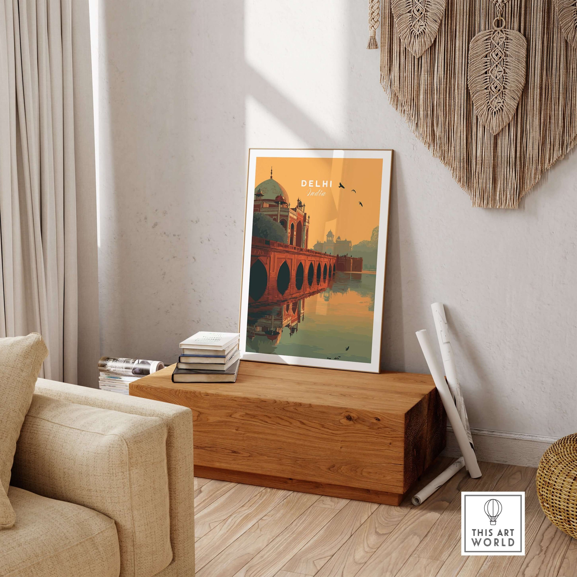 Delhi India Travel Print Humayuns Tomb Sunset Poster Bridge Reflection Wall Art showcased in a cozy interior setting.