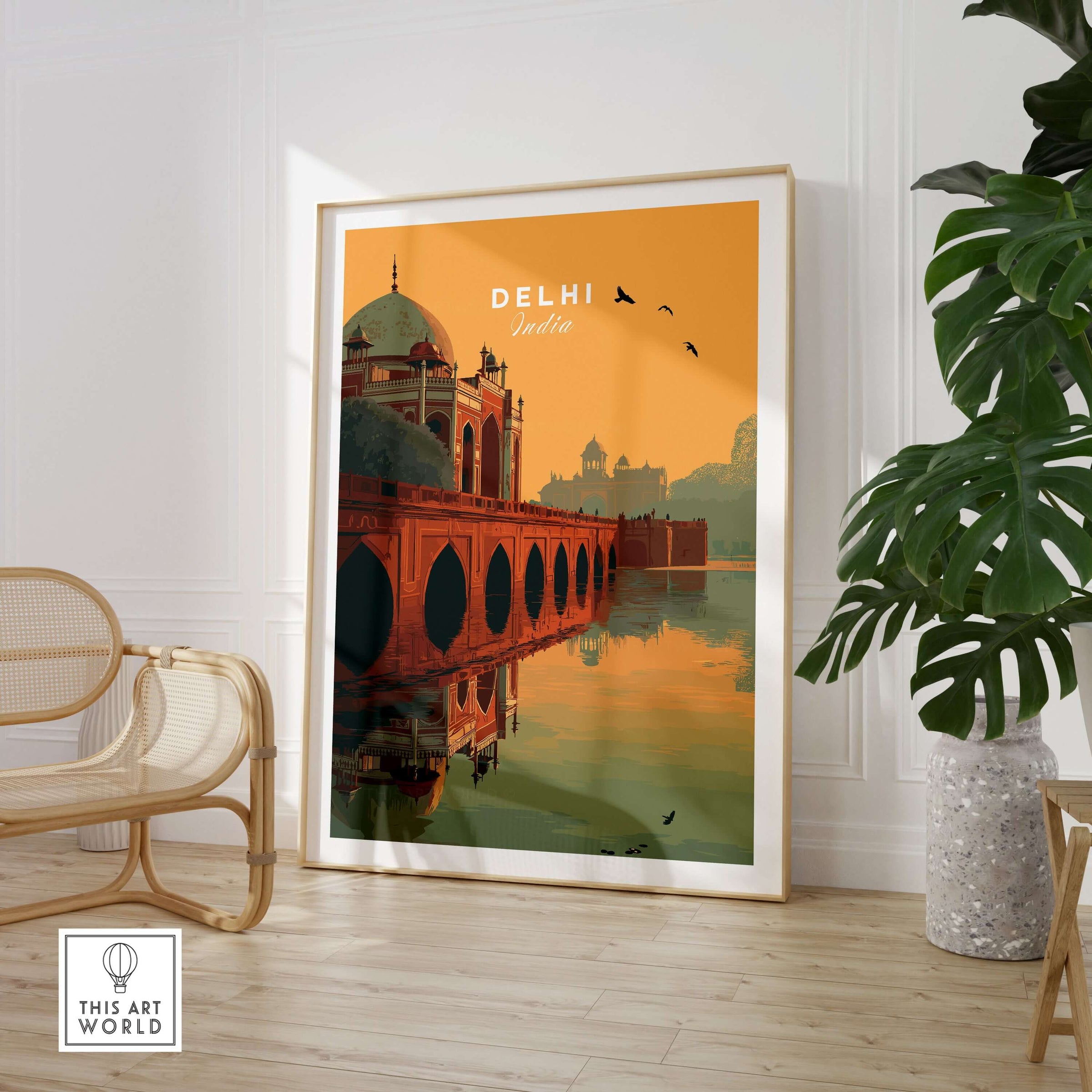 Delhi India Travel Print Humayuns Tomb Sunset Poster Bridge Reflection Wall Art in a stylish interior setting.