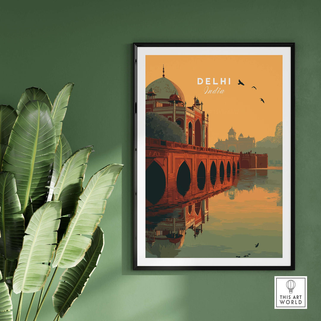 Humayun's Tomb sunset poster in Delhi with bridge reflection and warm orange sky, wall art decoration.