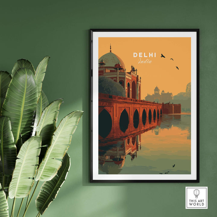 Humayun's Tomb sunset poster in Delhi with bridge reflection and warm orange sky, wall art decoration.