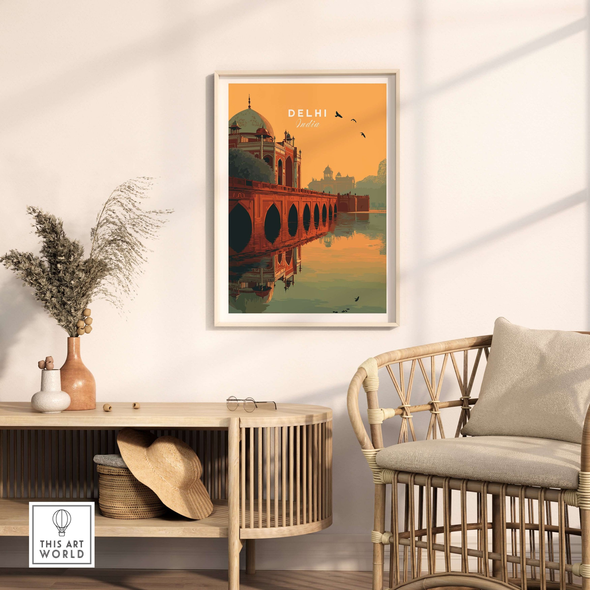 Delhi India Travel Print Humayuns Tomb Sunset Poster Bridge Reflection Wall Art in a stylish living room setting.