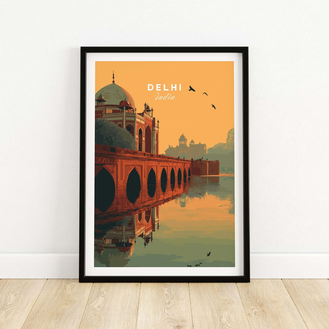 Delhi India travel print showcasing Humayun's Tomb at sunset with bridge reflection in warm orange sky.