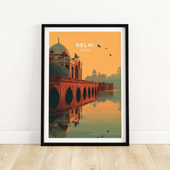 Delhi India Travel Print Humayuns Tomb Sunset Poster Bridge Reflection Wall Art