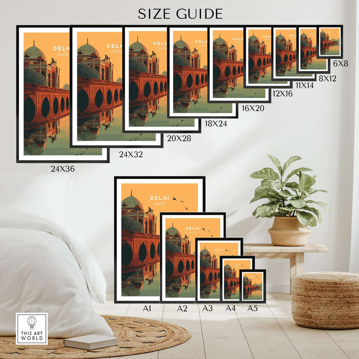 Size guide for Delhi India travel print poster showcasing Humayun's Tomb with bridge reflections at sunset.