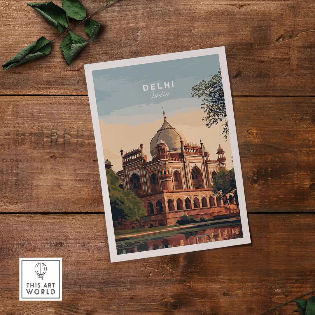 Delhi travel poster featuring Humayun's Tomb, Mughal architecture, and serene waters, perfect for wall art decor.