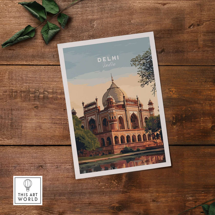 Delhi travel poster featuring Humayun's Tomb, Mughal architecture, and serene waters, perfect for wall art decor.