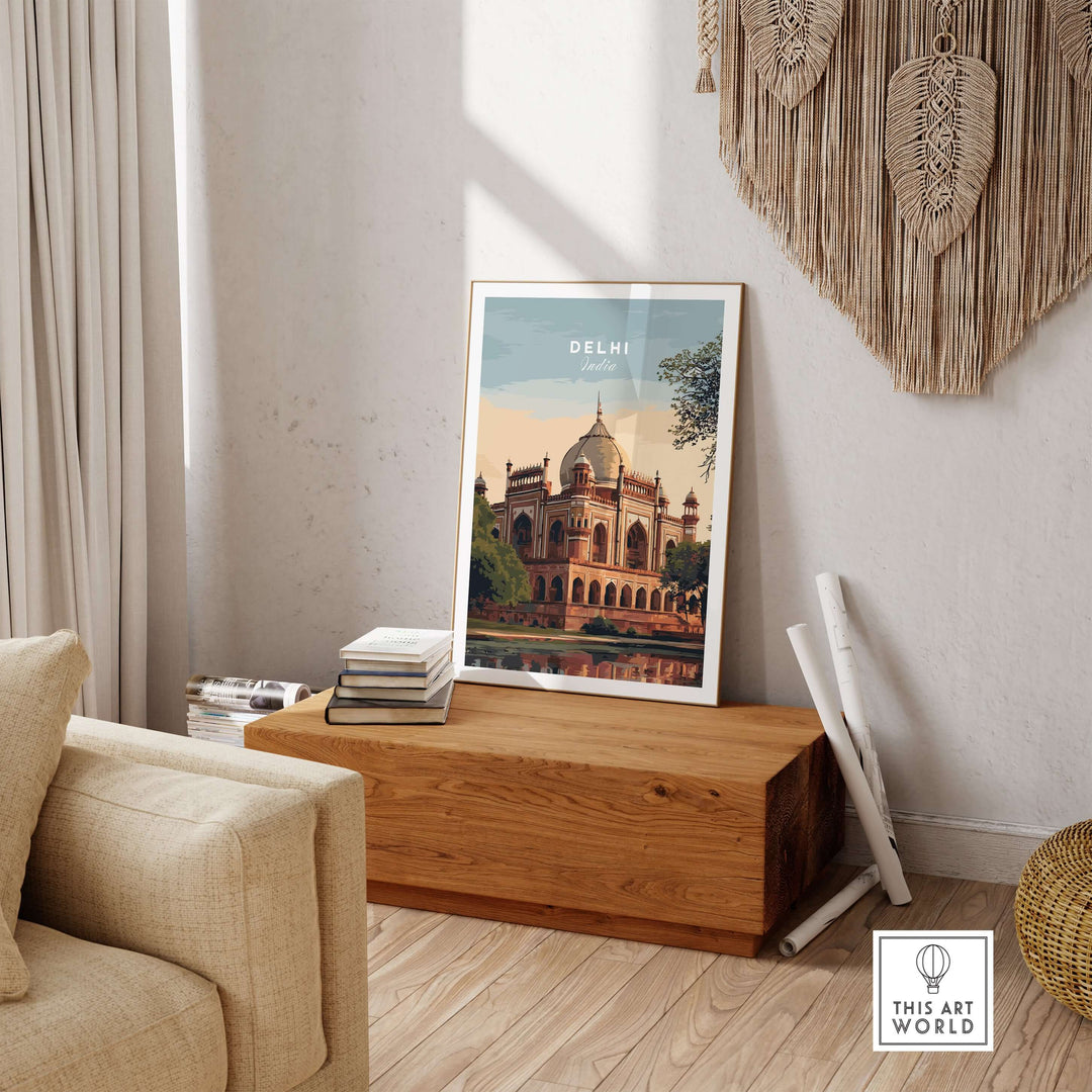 Delhi travel poster featuring Humayun's Tomb, showcasing Mughal architecture and serene reflection in water.