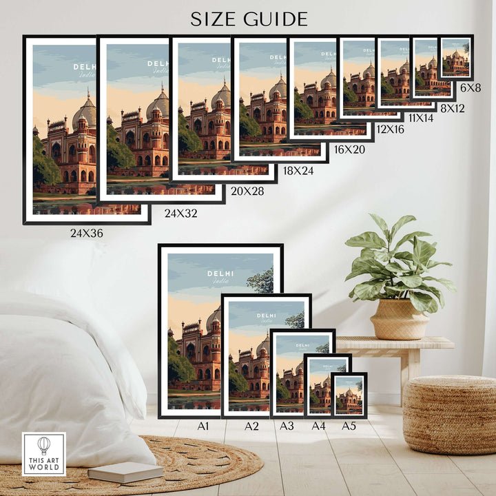 Size guide for Delhi travel poster prints featuring Mughal architecture, showcasing various dimensions and framing options.