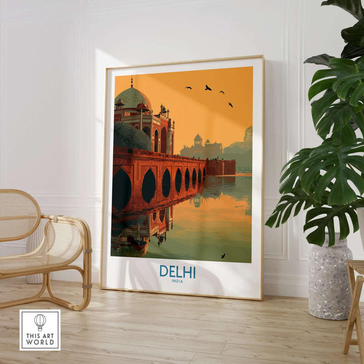 Delhi travel poster featuring Humayun's Tomb at sunset with arched bridge and reflections in water.