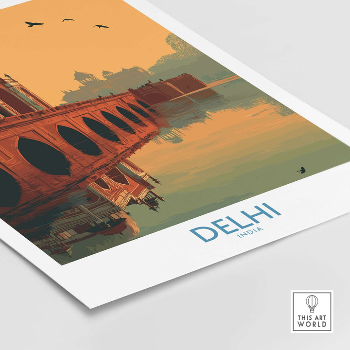 Delhi travel poster featuring an arched bridge and sunset reflections over peaceful waters.