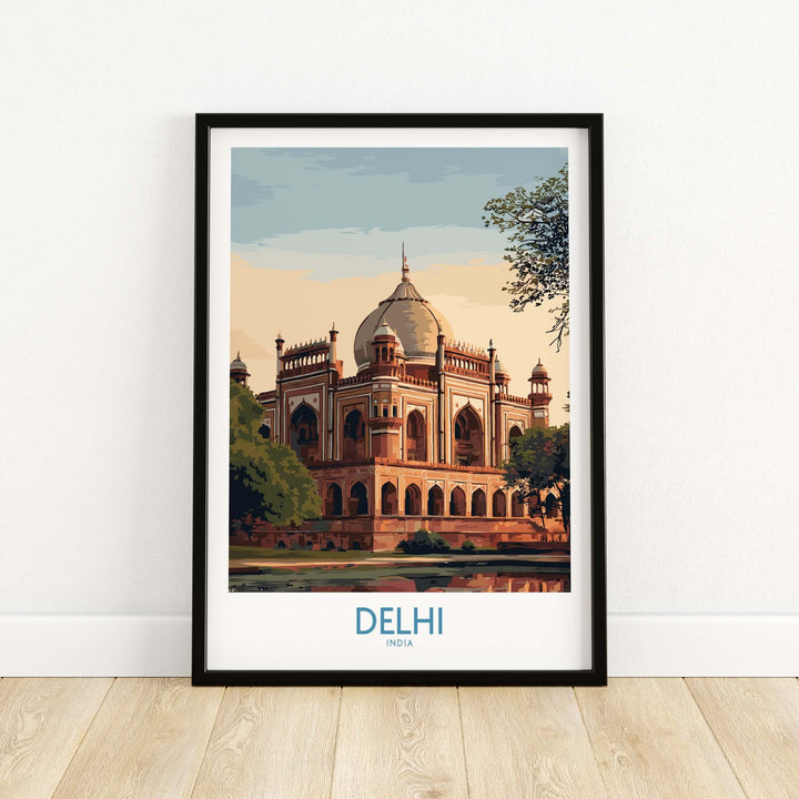 Delhi travel print showcasing Humayun's Tomb reflection in a lush landscape, highlighting Mughal architecture.