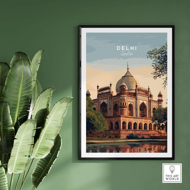 Delhi travel poster featuring Humayun's Tomb in Mughal architecture with lush greenery and calm waters.